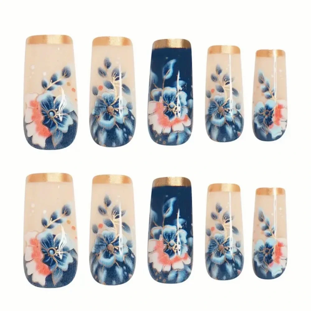 Floral Blue and Cream Press-On Nails, NEW - Picture 2 of 6
